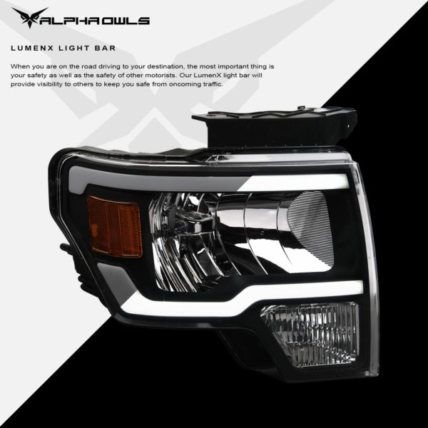 Alpha Owls 2009-2014 Ford F-150 LM Series Headlights (Crystal Headlights Black housing w/ LumenX Light Bar)