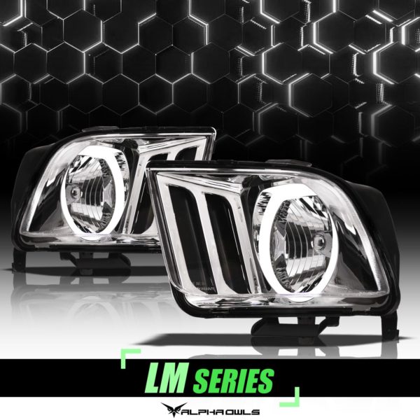 Alpha Owls 2005-2009 Ford Mustang LM Series Headlights (Crystal Headlights Chrome housing w/ LumenX Halo)