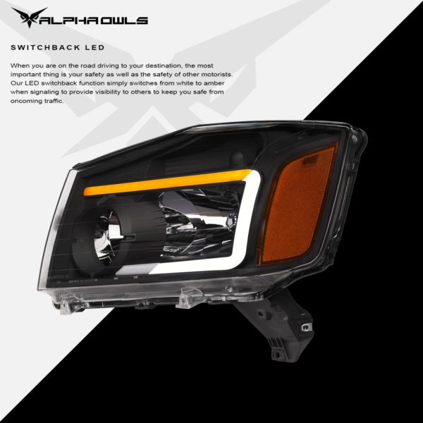 Alpha Owls 2004-2015 Nissan Titan SQ Series Headlights (Crystal Headlights Black housing w/ Sequential Signal/LumenX Light Bar)