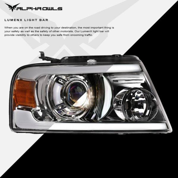 Alpha Owls 2004-2008 Ford F-150 LMP Series Projector Headlights (Halogen Projector Chrome housing w/ LumenX Light Bar)