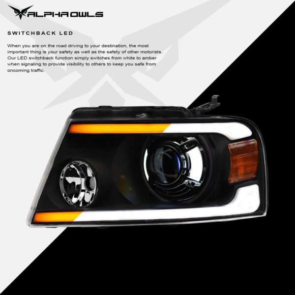 Alpha Owls 2004-2008 Ford F-150 SQP Series Projector Headlights (Halogen Projector Black housing w/ Sequential Signal/LumenX Light Bar)