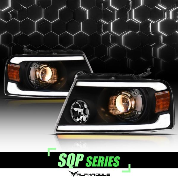 Alpha Owls 2004-2008 Ford F-150 SQP Series Projector Headlights (Halogen Projector Black housing w/ Sequential Signal/LumenX Light Bar)