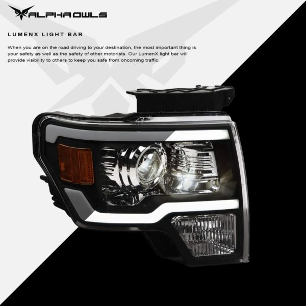 Alpha Owls 2009-2014 Ford F-150 LMP Series Projector Headlights (Halogen Projector Black housing w/ LumenX Light Bar)