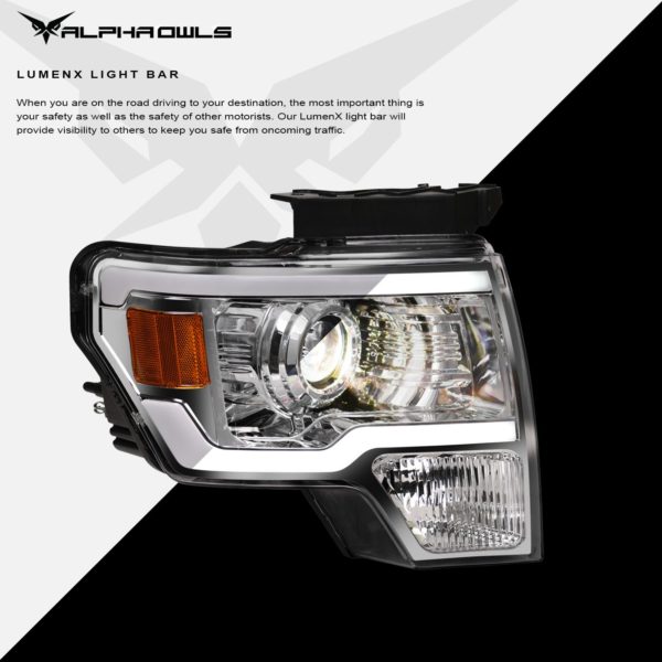 Alpha Owls 2009-2014 Ford F-150 LMP Series Projector Headlights (Halogen Projector Chrome housing w/ LumenX Light Bar)