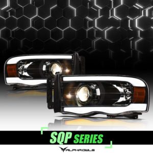 Alpha Owls 2002-2005 Dodge Ram 1500 SQP Series Projector Headlights (Halogen Projector Black housing w/ Sequential Signal/LumenX Light Bar)