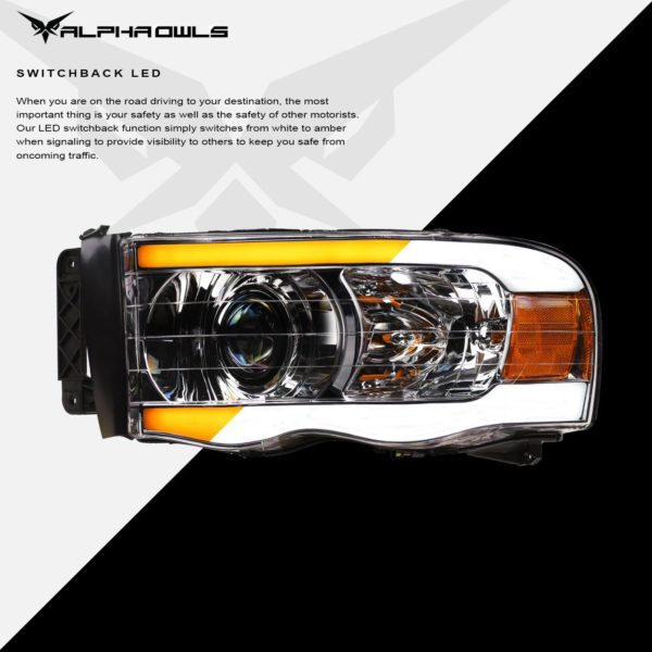 Alpha Owls 2002-2005 Dodge Ram 1500 SQP Series Projector Headlights (Halogen Projector Chrome housing w/ Sequential Signal/LumenX Light Bar)