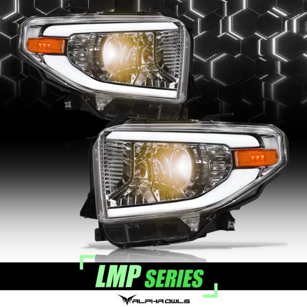 Alpha Owls 2014-2021 Toyota Tundra LMP Series Headlights (Halogen Projector Black housing w/ LumenX Light Bar)