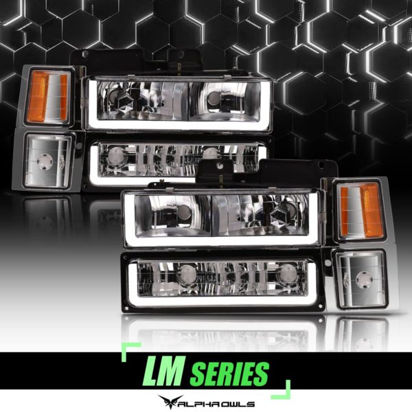 Alpha Owls 1994-1999 Chevy/GMC C/K, Suburban, Tahoe Series LM Series Headlights (Crystal Headlights Chrome housing w/ LumenX Light Bar)
