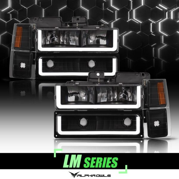 Alpha Owls 1994-1999 Chevy/GMC C/K, Suburban, Tahoe Series LM Series Headlights (Crystal Headlights Black housing w/ LumenX Light Bar)