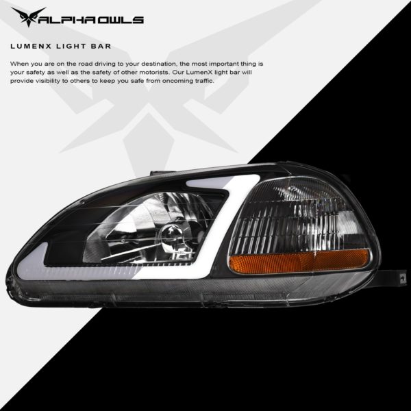 Alpha Owls 1996-1998 Honda Civic LM Series Headlights (Crystal Headlights Black housing w/ LumenX Light Bar)