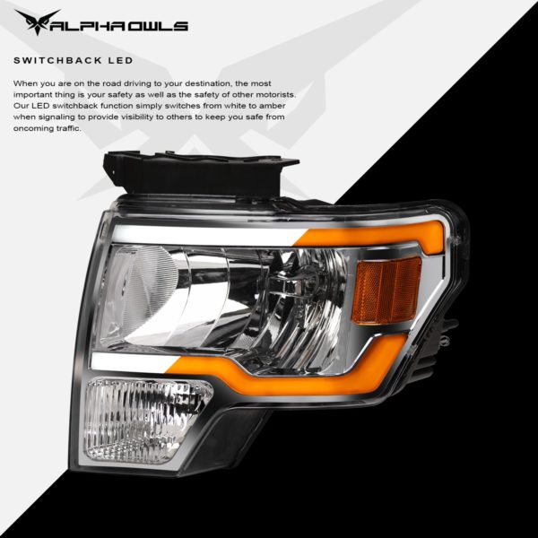 Alpha Owls 2009-2014 Ford F-150 SQ Series Headlights (Crystal Headlights Chrome housing w/ Sequential Signal/LumenX Light Bar)