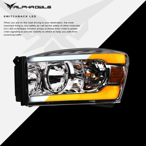 Alpha Owls 2006-2008 Dodge Ram SQ Series Headlights (Crystal Headlights Chrome housing w/ Sequential Signal/LumenX Light Bar)