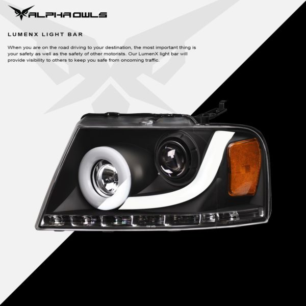 Alpha Owls 2004-2008 Ford F-150 LMP Series Headlights (Halogen Projector Black housing w/ LumenX Light Bar)