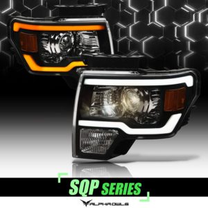 Alpha Owls 2009-2014 Ford F-150 SQP Series Headlights (Halogen Projector Black housing w/ Sequential Signal/LumenX Light Bar)