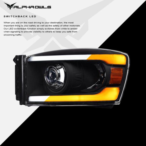Alpha Owls 2006-2008 Dodge Ram SQP Series Headlights (Halogen Projector Black housing w/ Sequential Signal/LumenX Light Bar)