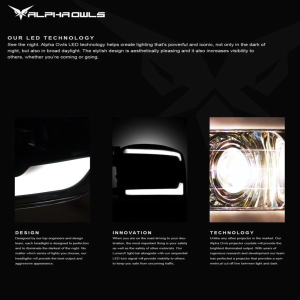 Alpha Owls 2006-2008 Dodge Ram SQP Series Headlights (Halogen Projector Black housing w/ Sequential Signal/LumenX Light Bar)