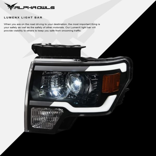 Alpha Owls 2009-2014 Ford F-150 LMX Series LED Projector Headlights (LED Projector Black housing w/ LumenX Light Bar)