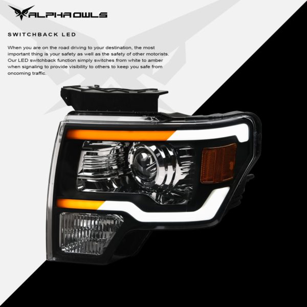 Alpha Owls 2009-2014 Ford F-150 SQX Series LED Projector Headlights (LED Projector Black housing w/ Sequential Signal/LumenX Light Bar)